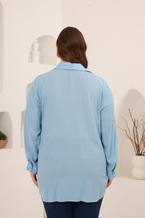 Nakış Detaylı Yanları Yırtmaçlı Büyük Beden Gömlek Bebe Mavi - 4