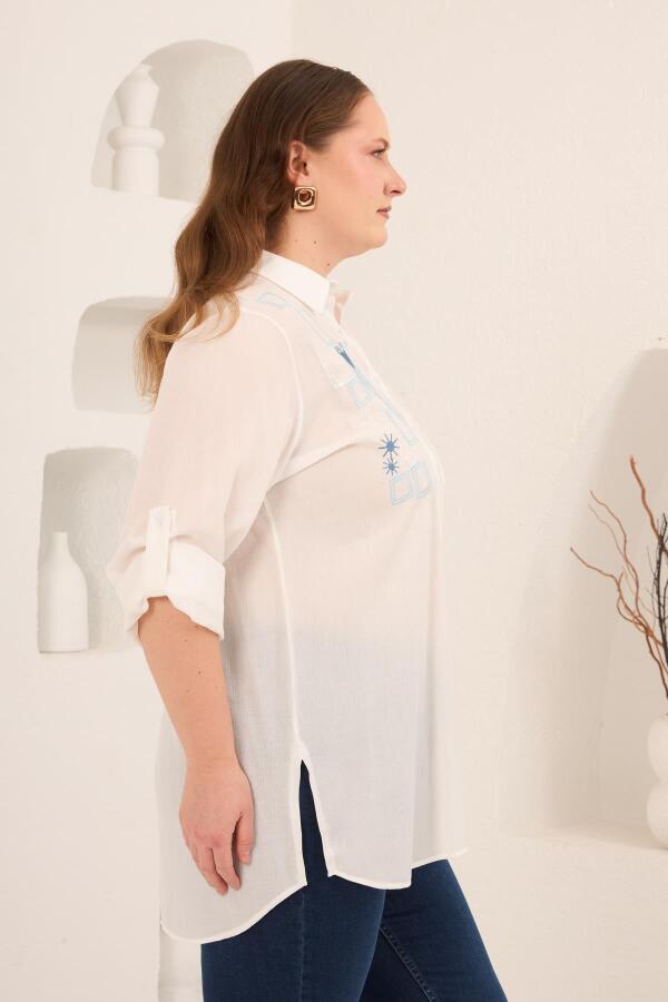 Nakış Detaylı Yanları Yırtmaçlı Büyük Beden Gömlek Ekru - 2