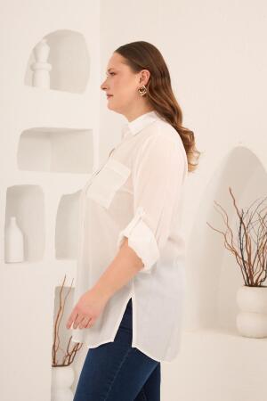 Nakış Detaylı Yanları Yırtmaçlı Büyük Beden Gömlek Ekru - 4
