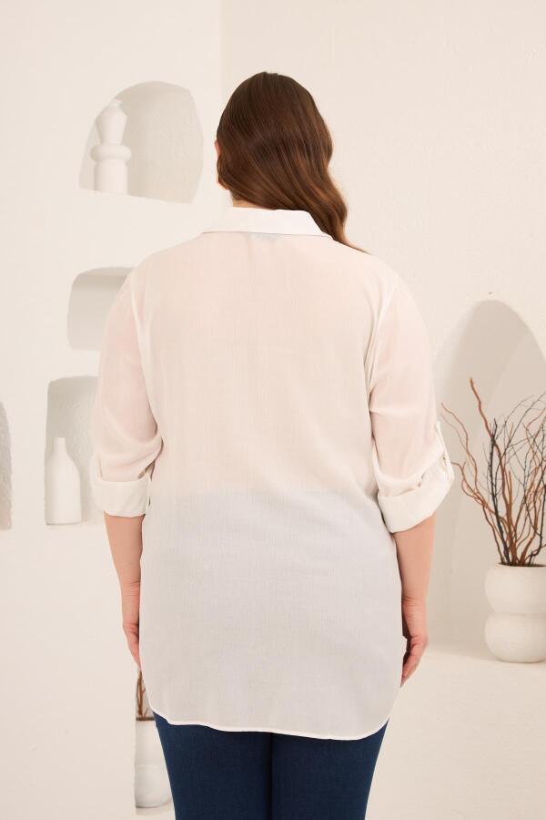 Nakış Detaylı Yanları Yırtmaçlı Büyük Beden Gömlek Ekru - 5