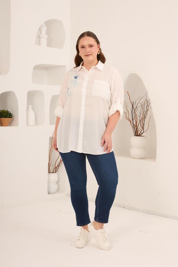 Nakış Detaylı Yanları Yırtmaçlı Büyük Beden Gömlek Ekru - 6