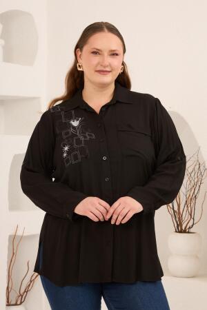 Nakış Detaylı Yanları Yırtmaçlı Büyük Beden Gömlek Siyah - RMG