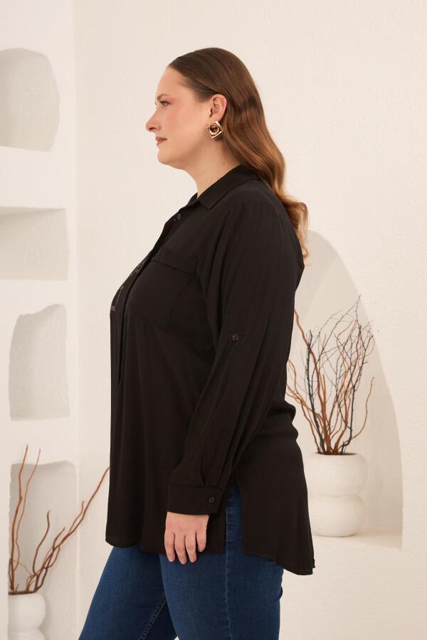Nakış Detaylı Yanları Yırtmaçlı Büyük Beden Gömlek Siyah - 2