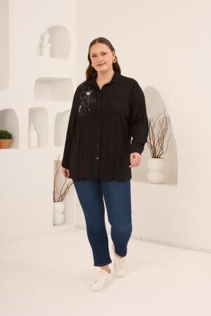 Nakış Detaylı Yanları Yırtmaçlı Büyük Beden Gömlek Siyah - 5