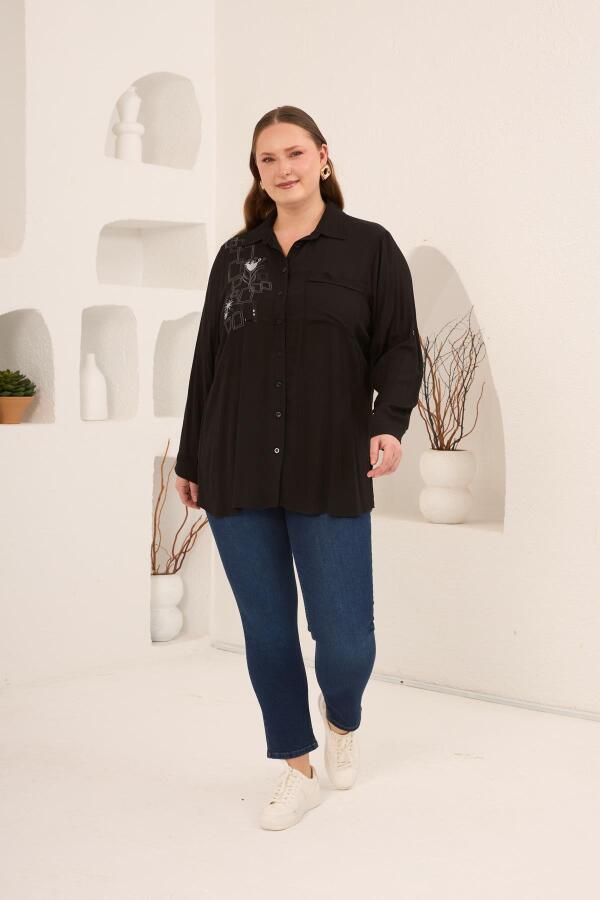 Nakış Detaylı Yanları Yırtmaçlı Büyük Beden Gömlek Siyah - 5