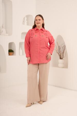 Nakış ve İşleme Detaylı Büyük Beden Gömlek Mercan - 5