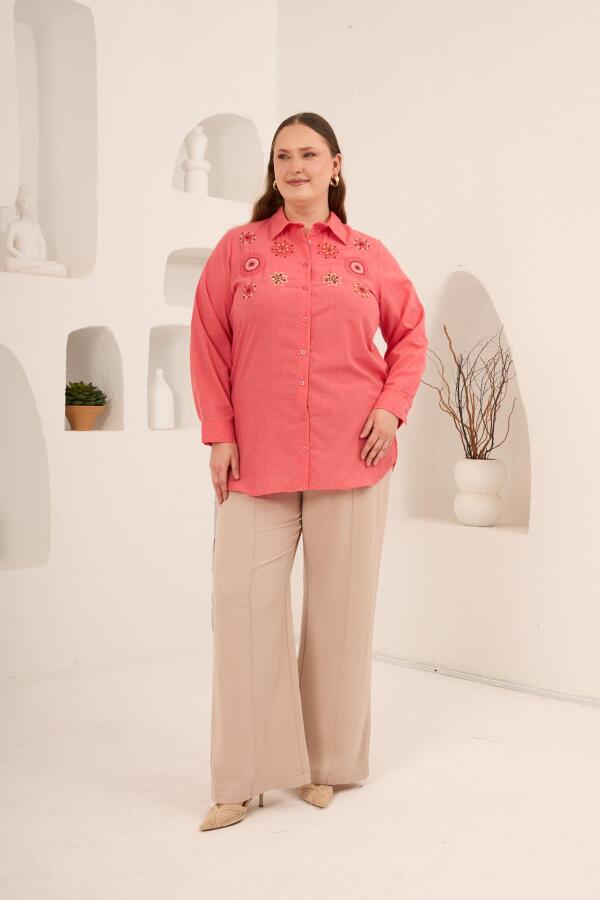 Nakış ve İşleme Detaylı Büyük Beden Gömlek Mercan - 5