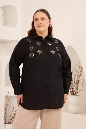 Nakış ve İşleme Detaylı Büyük Beden Gömlek Siyah - RMG