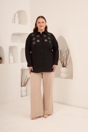 Nakış ve İşleme Detaylı Büyük Beden Gömlek Siyah - 5