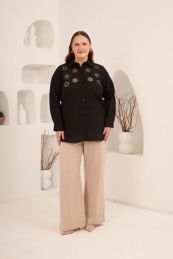 Nakış ve İşleme Detaylı Büyük Beden Gömlek Siyah - 5
