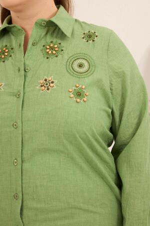 Nakış ve İşleme Detaylı Büyük Beden Gömlek Yeşil - 3