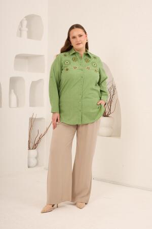 Nakış ve İşleme Detaylı Büyük Beden Gömlek Yeşil - 5