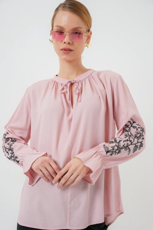 Nakışlı Örme Bluz 941 - Pudra - 4