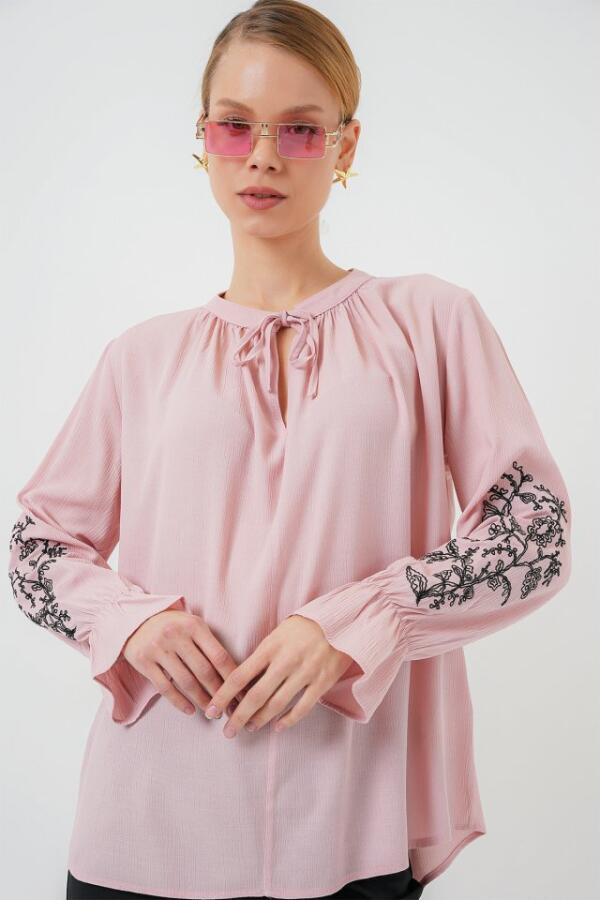 Nakışlı Örme Bluz 941 - Pudra - 4