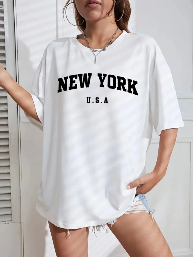 New York Baskılı Oversize Bisiklet Yaka T-shirt - Beyaz - 1