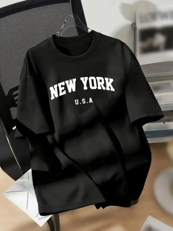 New York Baskılı Oversize Bisiklet Yaka T-shirt - Siyah - 1