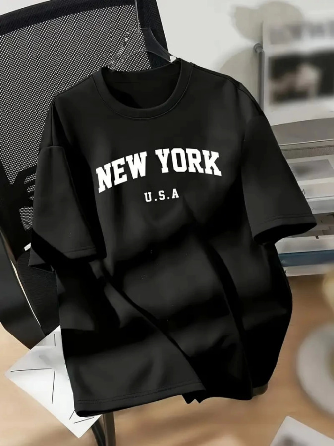 New York Baskılı Oversize Bisiklet Yaka T-shirt - Siyah - 1