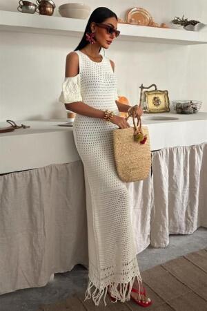 Omuz Detaylı Etek Ücü Püsküllü Triko Elbise 2862 - ANGELINO BuyukBedeniz