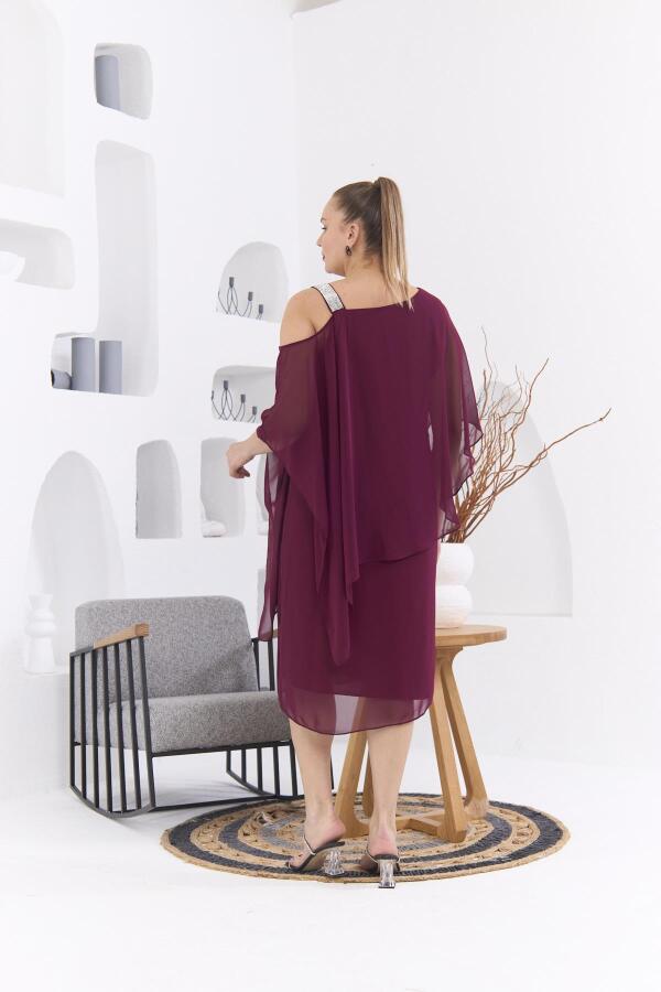 Omuz Taş Baskılı Büyük Beden Violet Şifon Elbise - 5