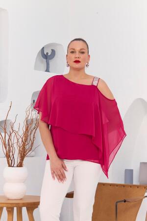 Omuz Taş Detay İçlikli Şifon Büyük Beden Bluz Fuşya - RMG