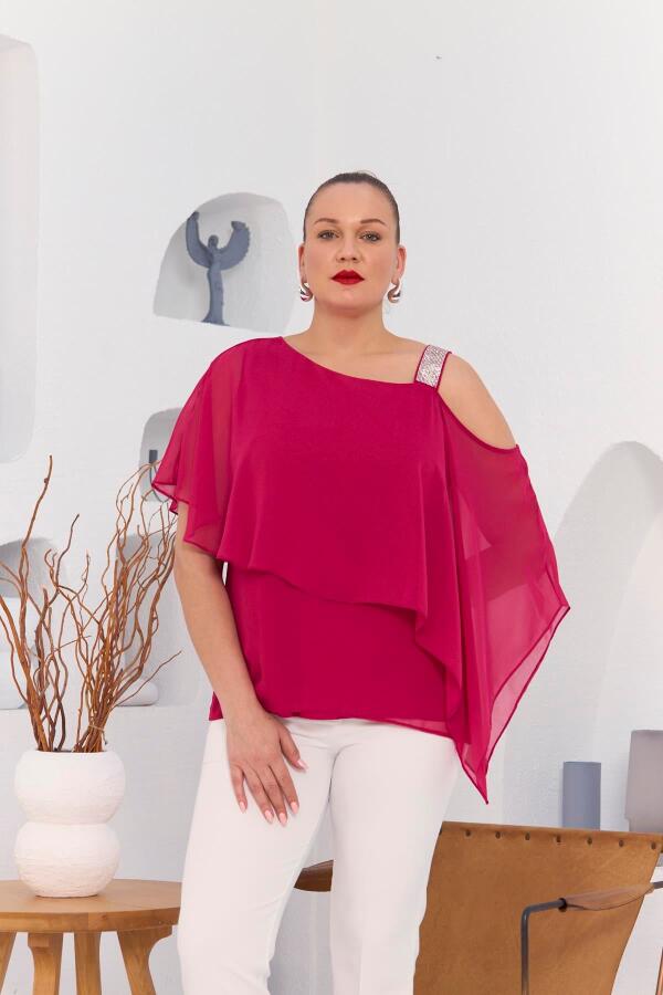 Omuz Taş Detay İçlikli Şifon Büyük Beden Bluz Fuşya - 1