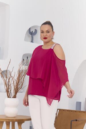 Omuz Taş Detay İçlikli Şifon Büyük Beden Bluz Fuşya - 4