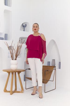 Omuz Taş Detay İçlikli Şifon Büyük Beden Bluz Fuşya - 6