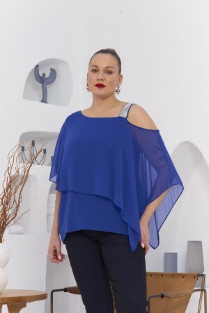 Omuz Taş Detay İçlikli Şifon Büyük Beden Bluz Saks - 1