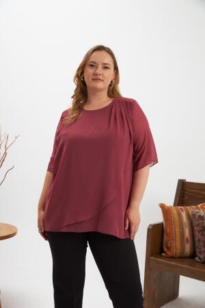 Omuz Taş Detaylı Asimetrik Kesim Büyük Beden Şifon Bluz Gülkurusu - RMG