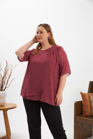 Omuz Taş Detaylı Asimetrik Kesim Büyük Beden Şifon Bluz Gülkurusu - 3