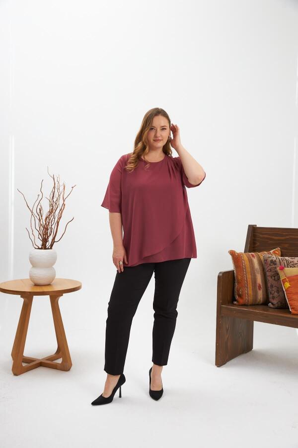 Omuz Taş Detaylı Asimetrik Kesim Büyük Beden Şifon Bluz Gülkurusu - 4