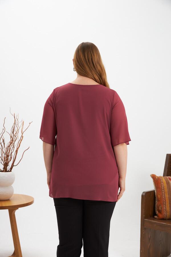 Omuz Taş Detaylı Asimetrik Kesim Büyük Beden Şifon Bluz Gülkurusu - 5