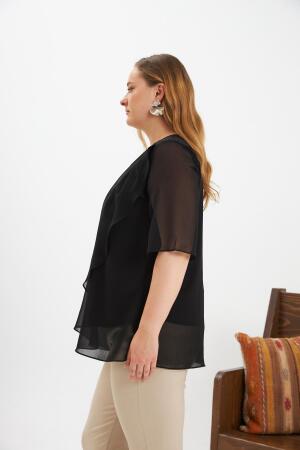 Omuz Taş Detaylı Asimetrik Kesim Büyük Beden Şifon Bluz Siyah - 3