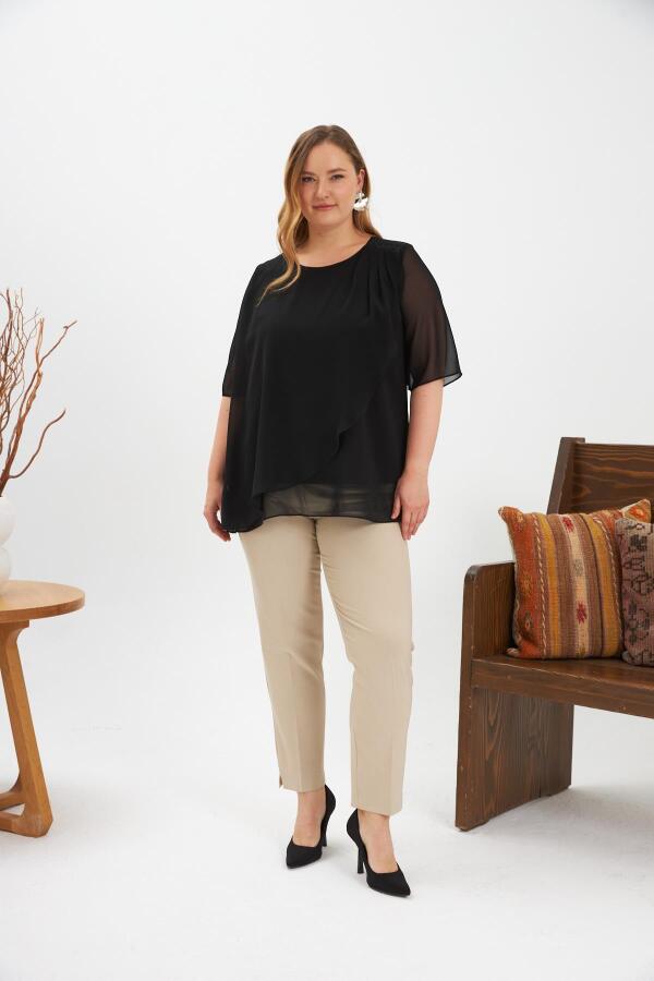 Omuz Taş Detaylı Asimetrik Kesim Büyük Beden Şifon Bluz Siyah - 4