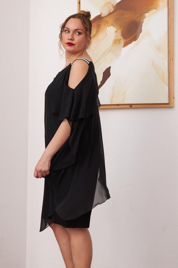 Omuz Taş Detaylı Şifon Büyük Beden Siyah Elbise - 4