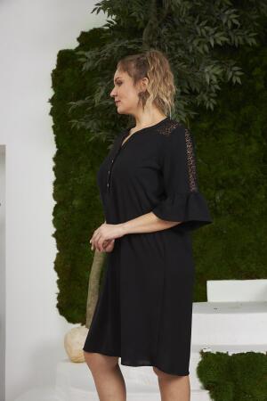 Omuz Ve Kolları Dantelli Büyük Beden Siyah Elbise - 4