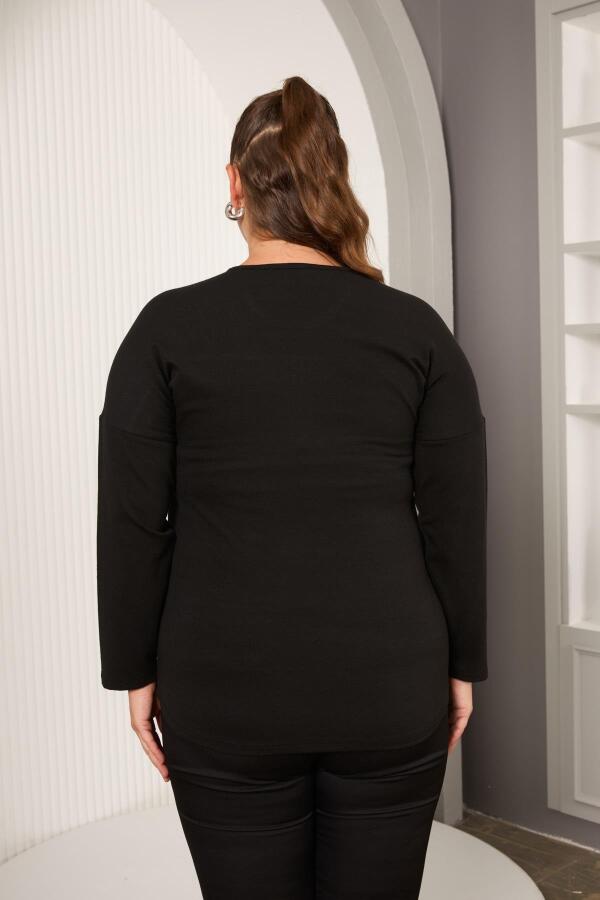 Omuzları Tül Taş Detaylı Büyük Beden Bluz Siyah - 4