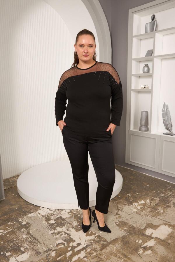 Omuzları Tül Taş Detaylı Büyük Beden Bluz Siyah - 5