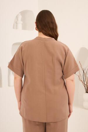 Ön Düğmeli Büyük Beden Modal Bluz Camel - 5