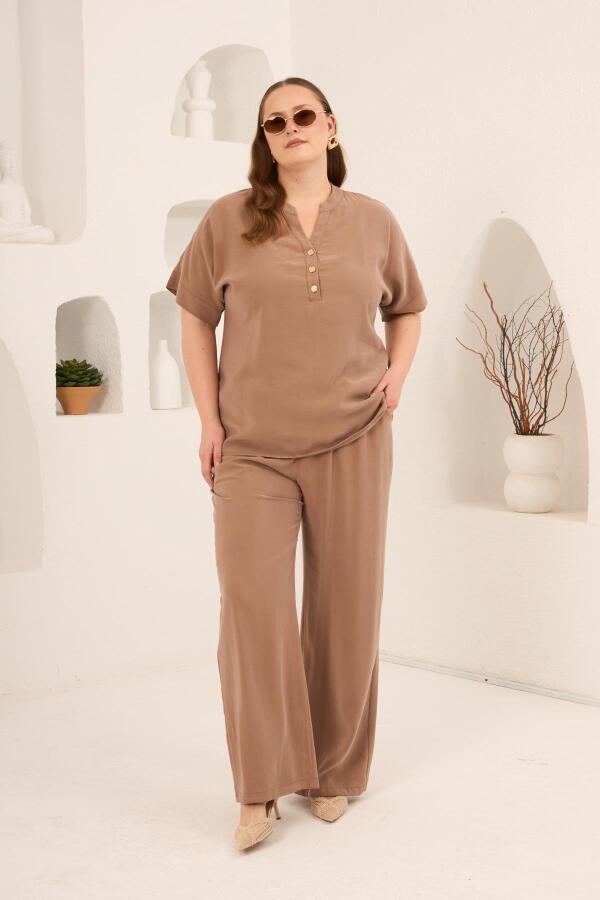 Ön Düğmeli Büyük Beden Modal Bluz Camel - 6
