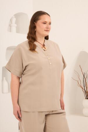 Ön Düğmeli Büyük Beden Modal Bluz Krem - RMG (1)