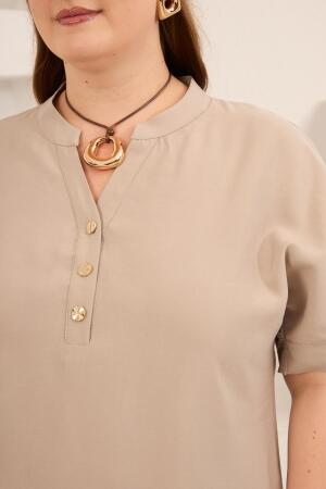 Ön Düğmeli Büyük Beden Modal Bluz Krem - 3