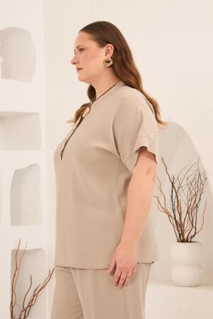 Ön Düğmeli Büyük Beden Modal Bluz Krem - 4
