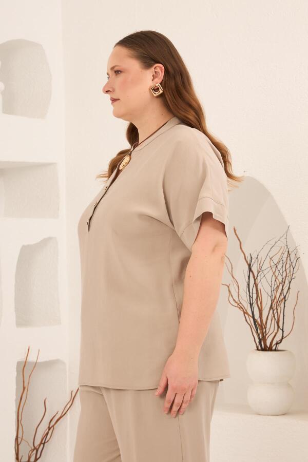 Ön Düğmeli Büyük Beden Modal Bluz Krem - 4