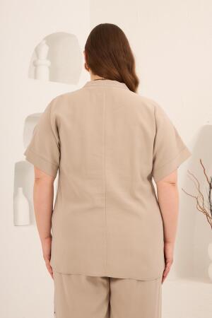 Ön Düğmeli Büyük Beden Modal Bluz Krem - 5