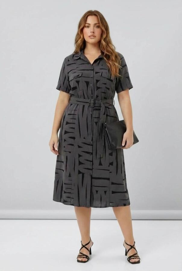 Ön Düğmeli Kuşaklı Büyük Beden Günlük Elbise Füme - 2