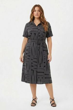 Ön Düğmeli Kuşaklı Büyük Beden Günlük Elbise Füme - 3