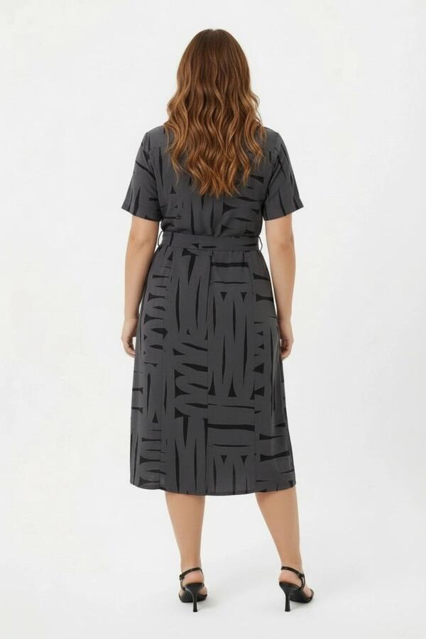 Ön Düğmeli Kuşaklı Büyük Beden Günlük Elbise Füme - 5