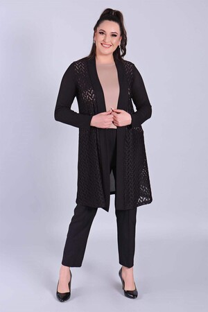 Black Cardigan with Mesh Front Lace - 1