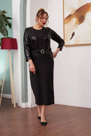 Ön Payet Detaylı Büyük Beden Uzun Siyah Elbise - RMG (1)